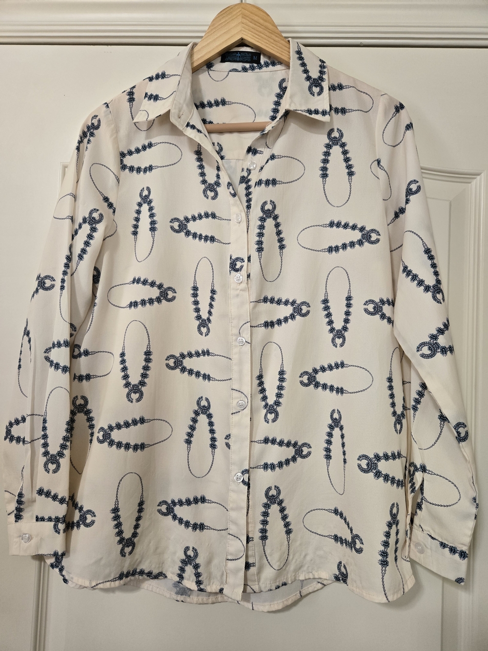 Women's Cream Button-Down Shirt with Teal Necklace Southwest Print Fall Feminine